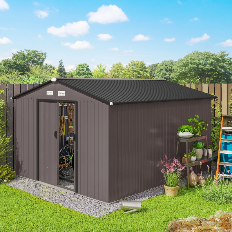 Outsunny Casetta da Giardino con 2 Porte Scorrevoli e 4 Prese d'Aria in Acciaio, 322x277x192 cm, Marrone