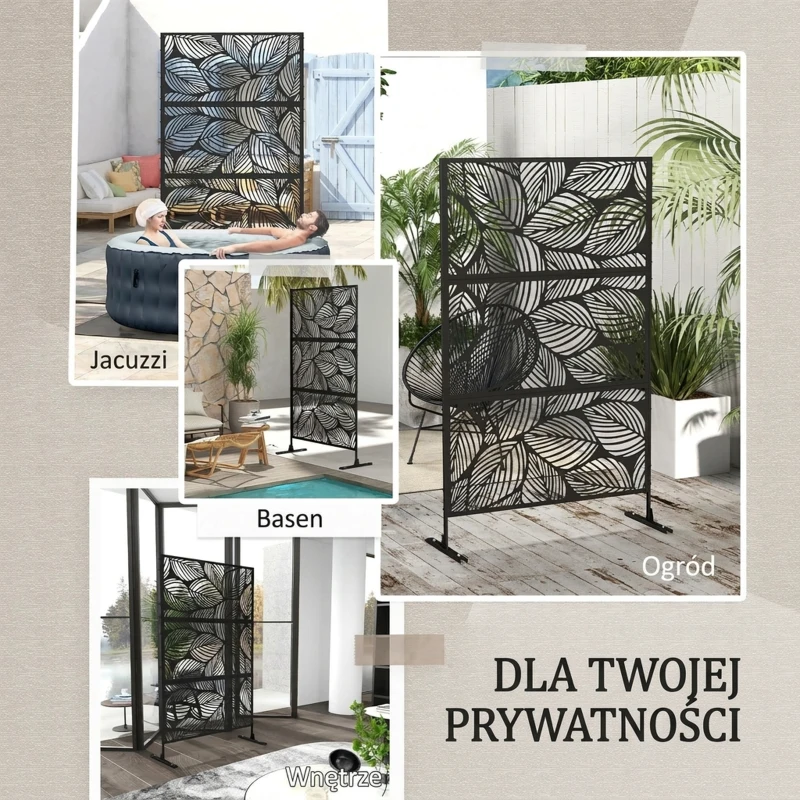 Outsunny Parawan Ogrodowy Metalowy z Motywem Floralnym, 122 x 45 x 198 cm, Czarny