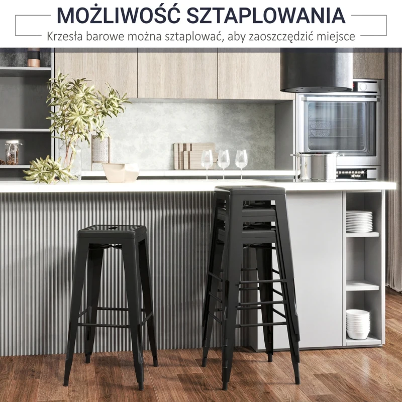 HOMCOM Zestaw 4 Stołków Barowych, Barhocker z Podnóżkiem, Metalowe Stołki Kuchenne, Stosowalne, Czarne