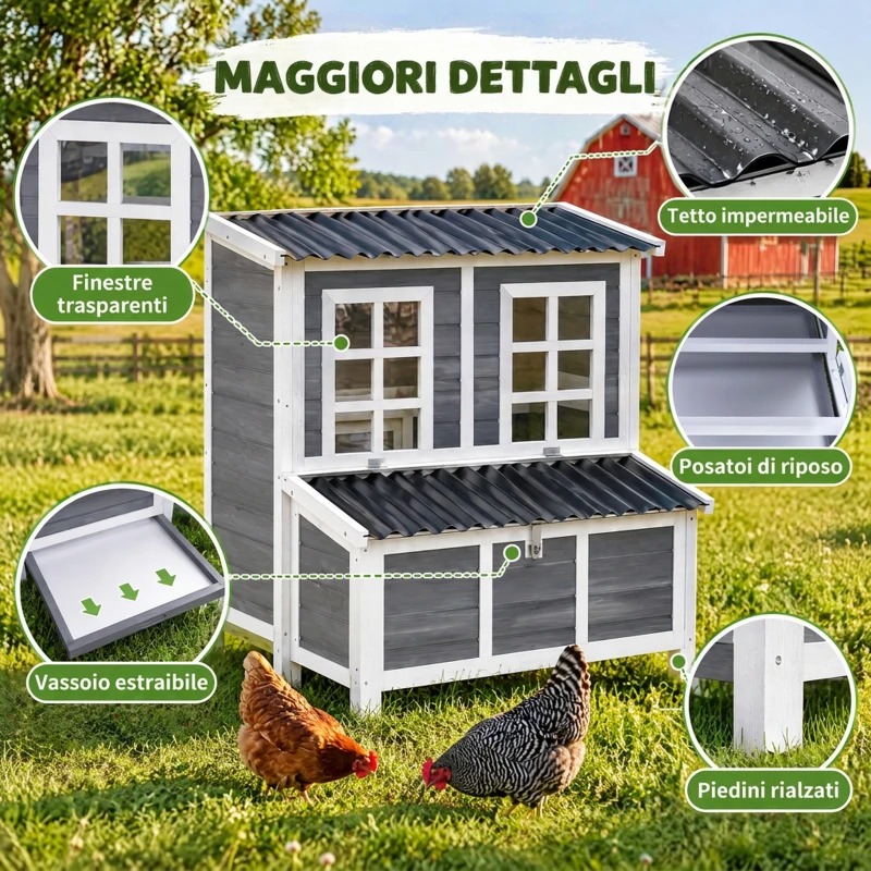 PawHut Pollaio in Legno con Nido a 3 Cubi, Tetto Impermeabile, Vassoio Estraibile per 2-4 Galline, Grigio Chiaro