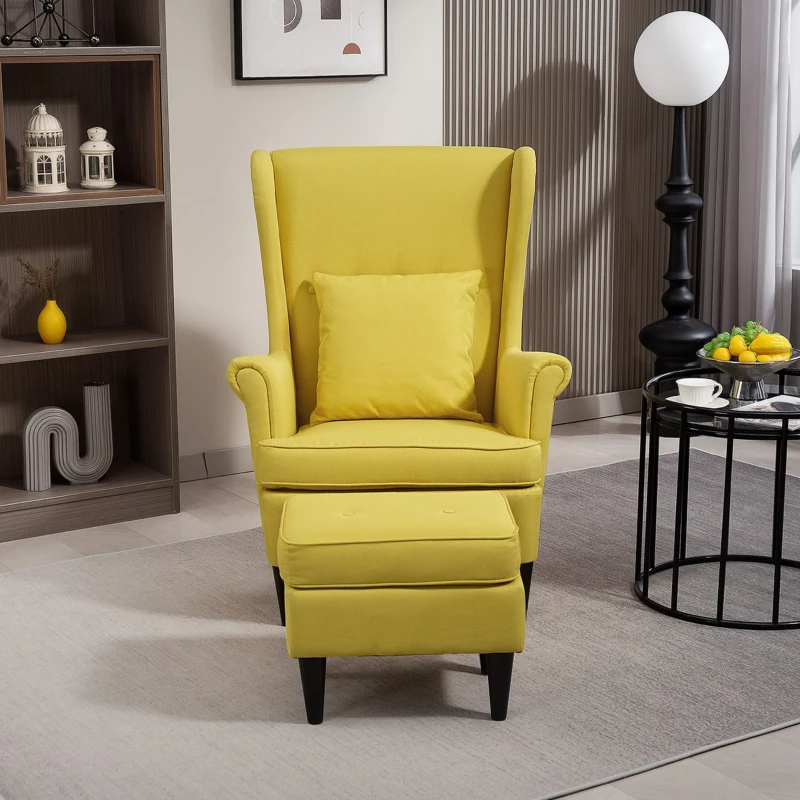 HOMCOM Poltrona con Poggiapiedi in Stile Contemporaneo, in Tessuto Effetto Lino e Legno di Caucciù, 75x83x104 cm, Giallo