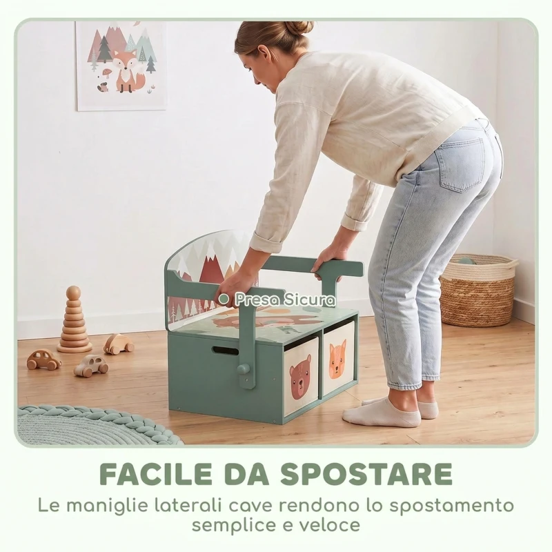 AIYAPLAY 3 in 1 Panca Porta Giochi per Bambini, Convertibile in Tavolo e Sedia con 2 Contenitori, Stampa Orsetto, Verde