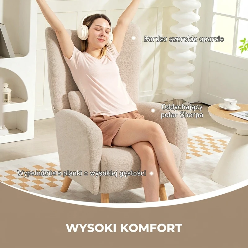 HOMCOM Fotel Uszak z Poduszką Lędźwiową, Obity Fotel z Wyglądem Polar Sherpa, Nogi z Drewna, Pikowany Tył, Fotel Relaksacyjny do Salonu, Sypialni, Beżowy