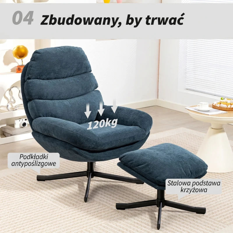 HOMCOM Fotel Relaksacyjny z Podnóżkiem, Niebieski, Wypoczynkowy Fotel z Materiału Chenille, Nowoczesny do Telewizji, z Podłokietnikami do Salonu, Sypialni