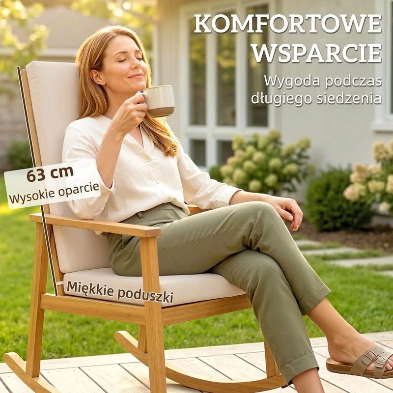 Outsunny Fotel bujany z drewna akacjowego z wysokim oparciem i poduszkami do 160 kg, 60 x 89 x 107 cm, beżowy