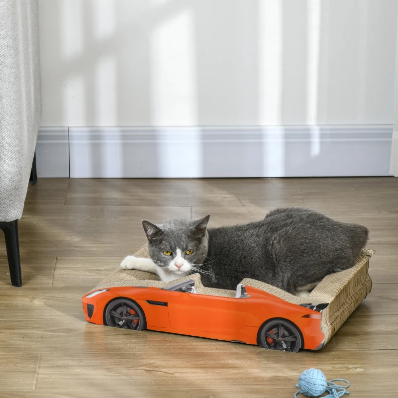 PawHut Cuccia per Gatti Tiragraffi a forma di Auto con Trattamento ad Erba Gatta, in Cartone Ondulato, 50x30x12.5 cm, Rosso