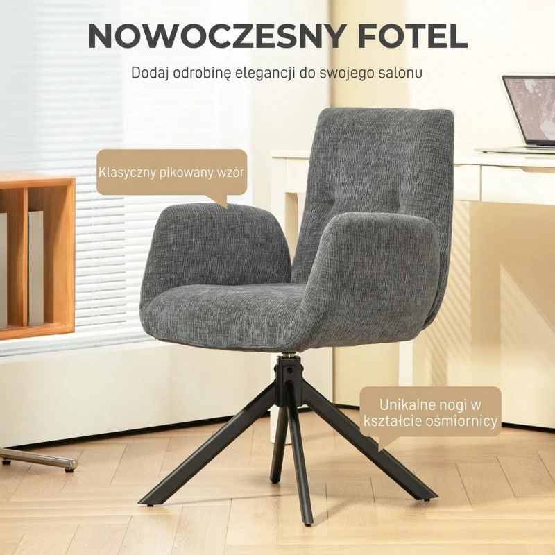 Obrotowy fotel lounge z podłokietnikami, szary, len-welur