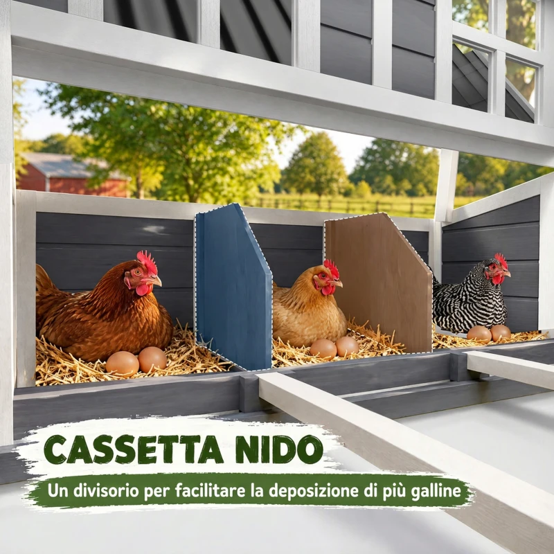 PawHut Pollaio in Legno con Nido a 3 Cubi, Tetto Impermeabile, Vassoio Estraibile per 2-4 Galline, Grigio Chiaro