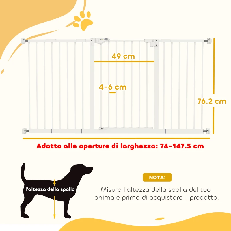 PawHut Cancellino per Cani a 3 Estensioni con Larghezza Regolabile 74-148 cm e Chiusura Automatica, Bianco