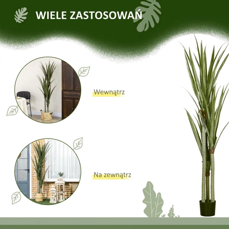 HOMCOM Sztuczna yucca duża 190 cm, roślina sztuczna z plastiku w donicy, 17 x 17 x 190 cm Szmaragdowy