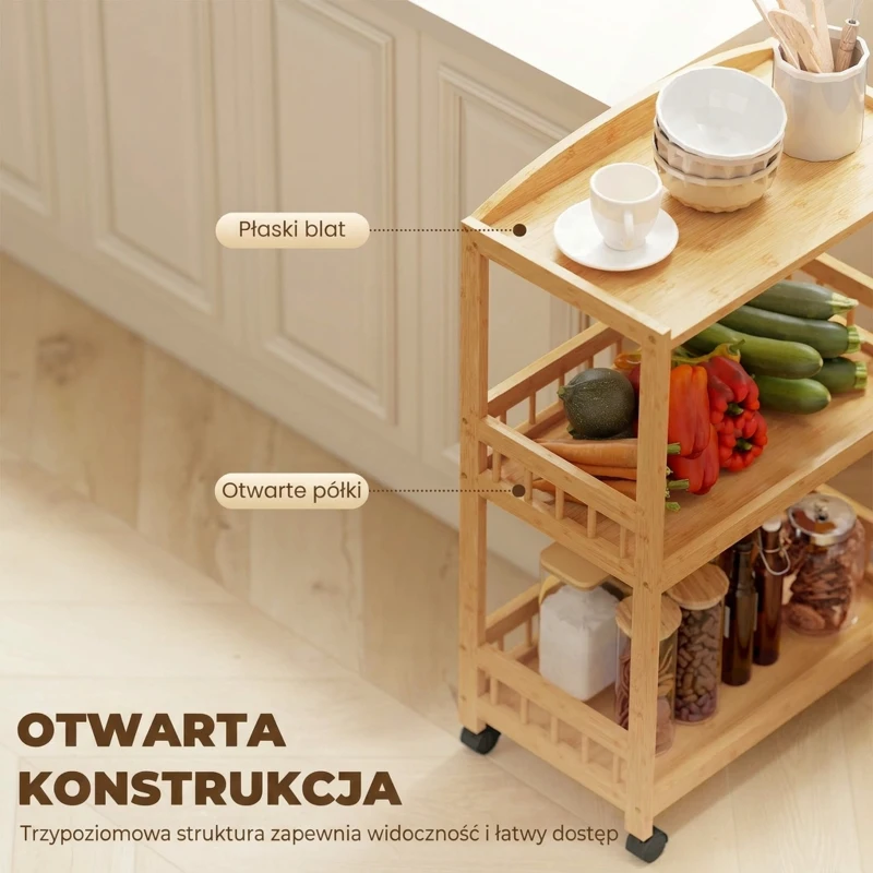 HOMCOM Wózek kuchenny na kółkach z 3 poziomami, wózek serwisowy z miejscem do przechowywania, regał kuchenny na kółkach, do kuchni, łazienki, biura, naturalne drewno