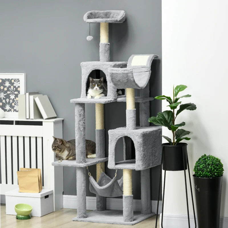 PawHut Albero per Gatti con Amaca, Lettino e 2 Casette, in Truciolato e Peluche, 55x49x177 cm, Grigio e Bianco