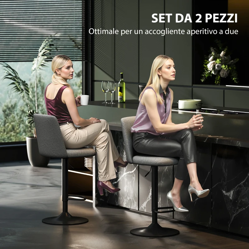 HOMCOM Set 2 Sgabelli da Bar Girevoli ad Altezza Regolabile, in Tessuto Effetto Lino, 44x53x91-111 cm, Grigio Scuro