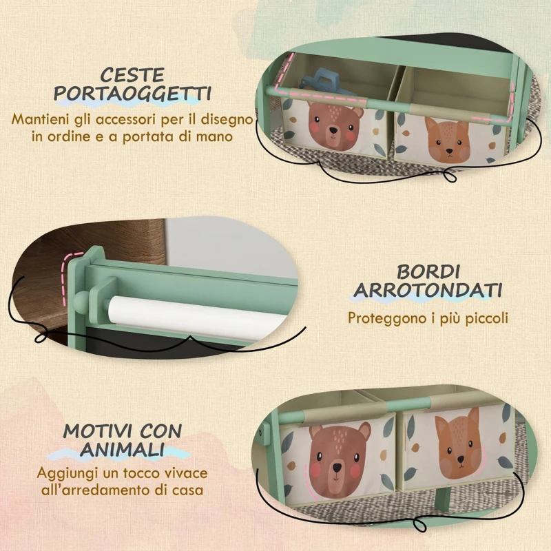 AIYAPLAY Lavagna per Bambini con Cavalletto 3 in 1 e 2 Contenitori, Età 3-8 anni, 54x46.5x93cm, Verde