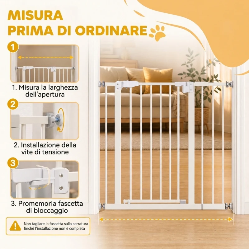 PawHut Cancelletto per Cani Estensibile con Montaggio a Pressione e Chiusura Automatica Altezza 76.2cm, Bianco