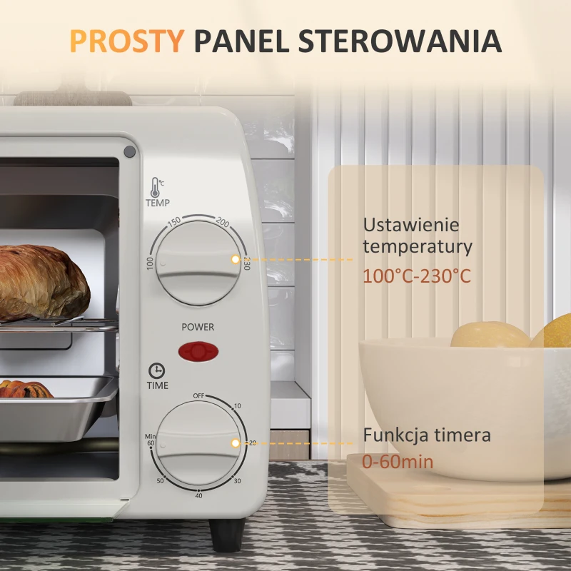 HOMCOM Minipiekarnik Toaster, 1 Blacha, 1 Ruszt, Pojemność 10 L, Funkcja Timera, 36,5 cm x 26 cm x 22 cm, Kremowy