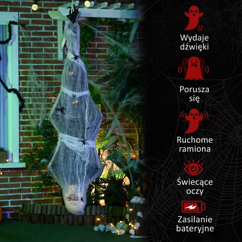 HOMCOM Mumia na Halloween 170 cm, Wiszące Szkieleto z Świecącymi Oczami, Dźwięki Horroru, Dekoracja Drzwi z Siecią Pająka w Naturalnej Wielkości do Użycia Wewnątrz i Na Zewnątrz