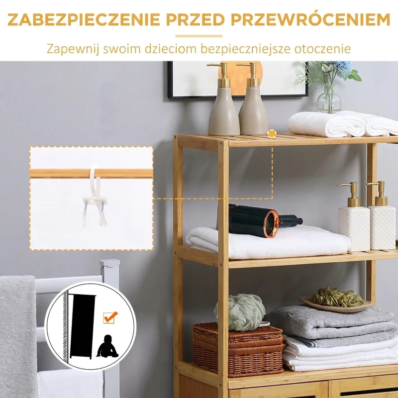 kleankin Szafka łazienkowa, komoda z lamelowymi drzwiami, regał łazienkowy, bambusowy, naturalne drewno