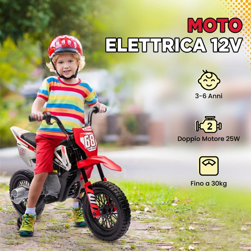 AIYAPLAY Moto Elettrica per Bambini con Rotelle e Indicatore di Carica, in PP e Metallo, 109.5x60x72.5 cm, Rosso