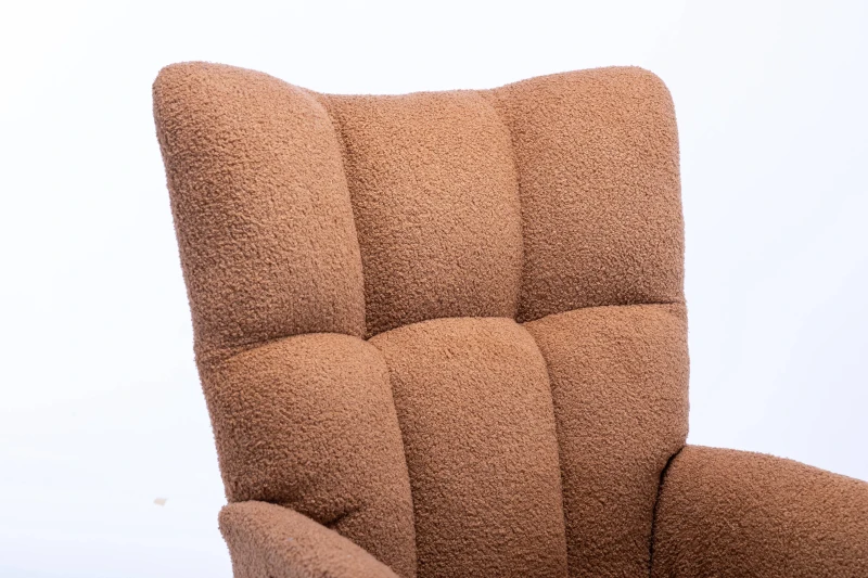 Fauteuil à bascule en tissu teddy, avec poche, dossier enveloppant et base en bois massif, pour salon ou chambre d’enfant, Marron
