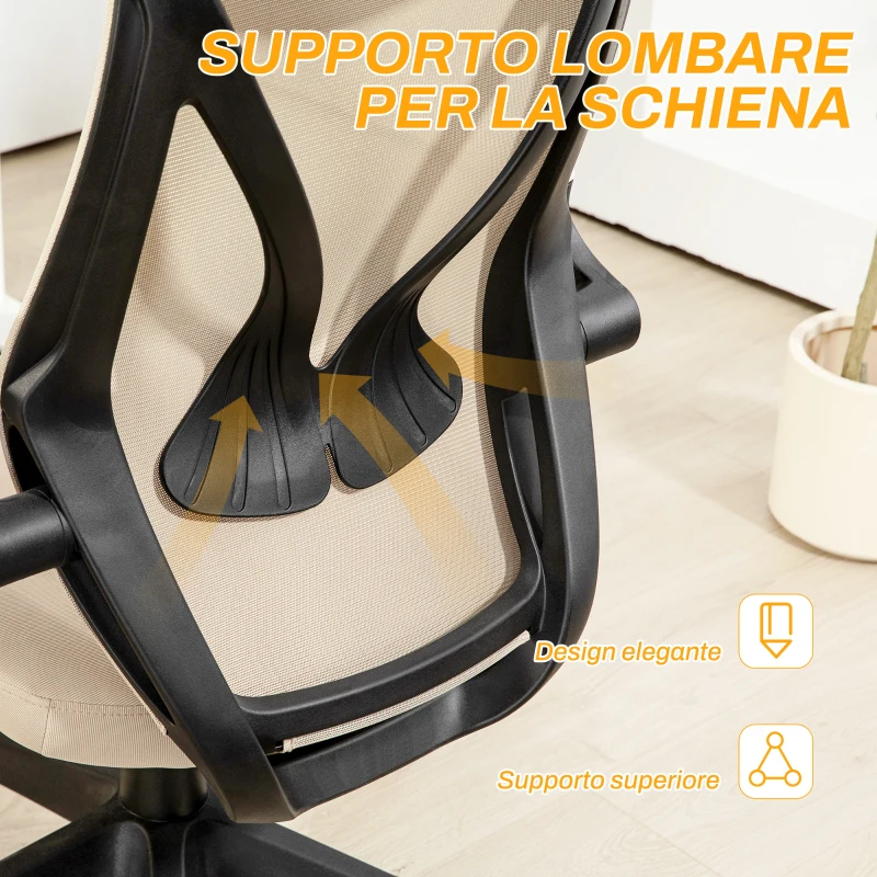 HOMCOM Sedia da Ufficio con Braccioli Ribaltabili, Altezza Regolabile e Schienale Inclinabile, Beige