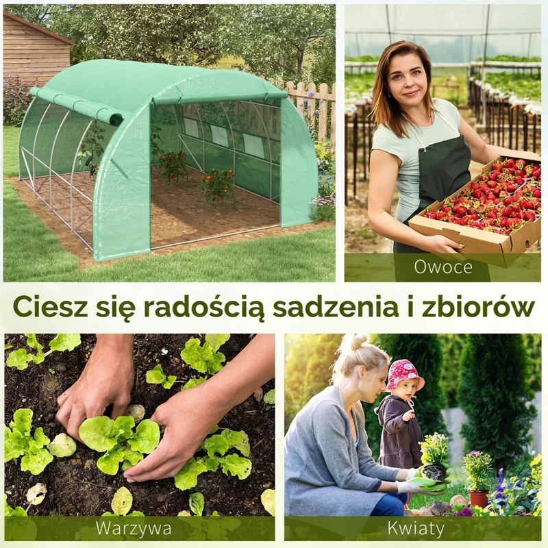 Outsunny Szklarnia foliowa, Szklarnia, przechodnia, Okno siatki, Rama metalowa, 4x3x2m, Zielony
