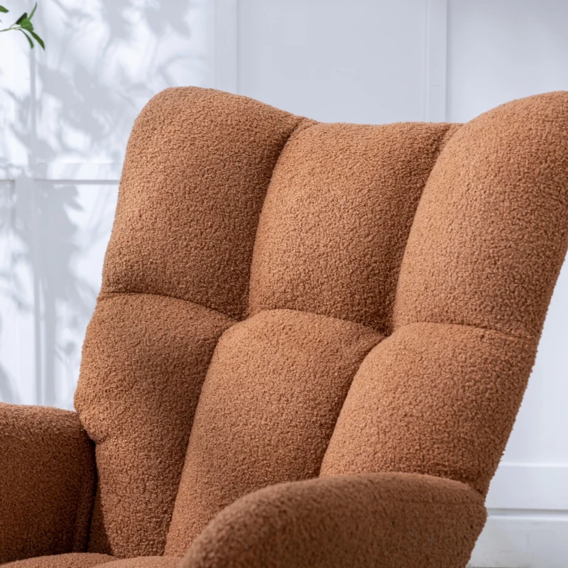 Fauteuil à bascule en tissu teddy, avec poche, dossier enveloppant et base en bois massif, pour salon ou chambre d’enfant, Marron