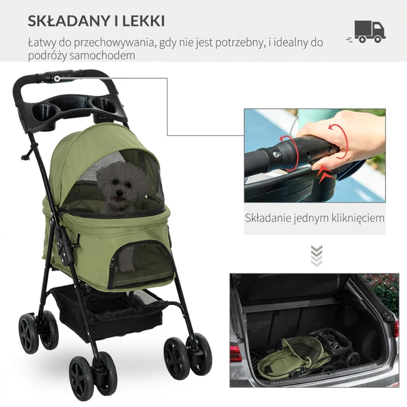 Wózek dla psa i kota, zielony, dla małych zwierząt