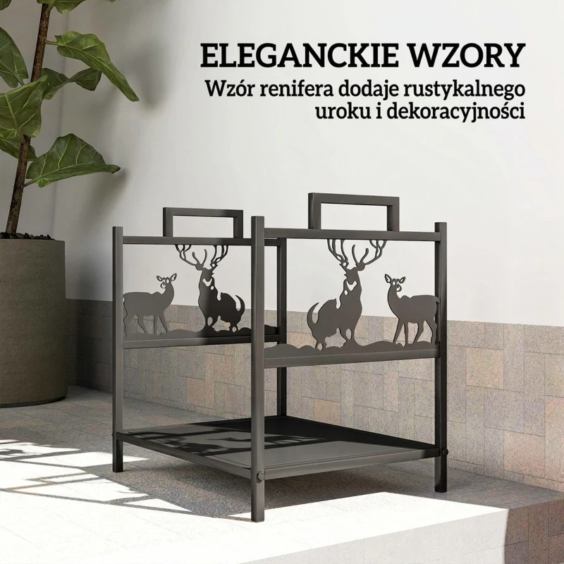Outsunny Stojak na drewno kominkowe 42,5 x 33,5 x 43 cm z motywem renifera, czarny metalowy stojak na drewno do kominka