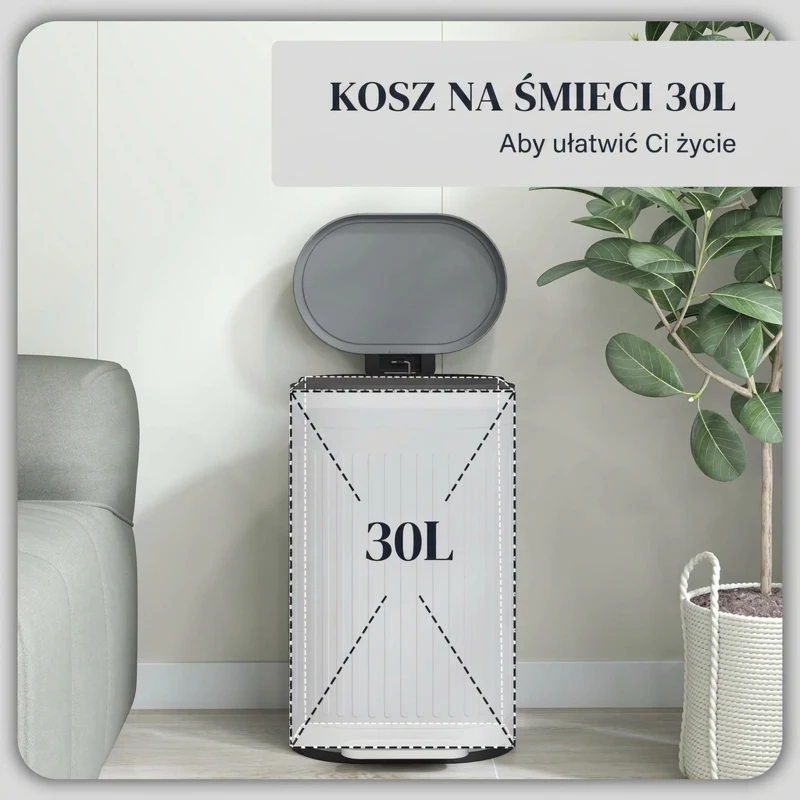 HOMCOM Kosz na Śmieci 30L z Pokrywą i Pedałem, Wyjmowany Wewnętrzny Pojemnik, Funkcja Soft-Close, 36,5 x 31,2 x 60,8 cm, Szary