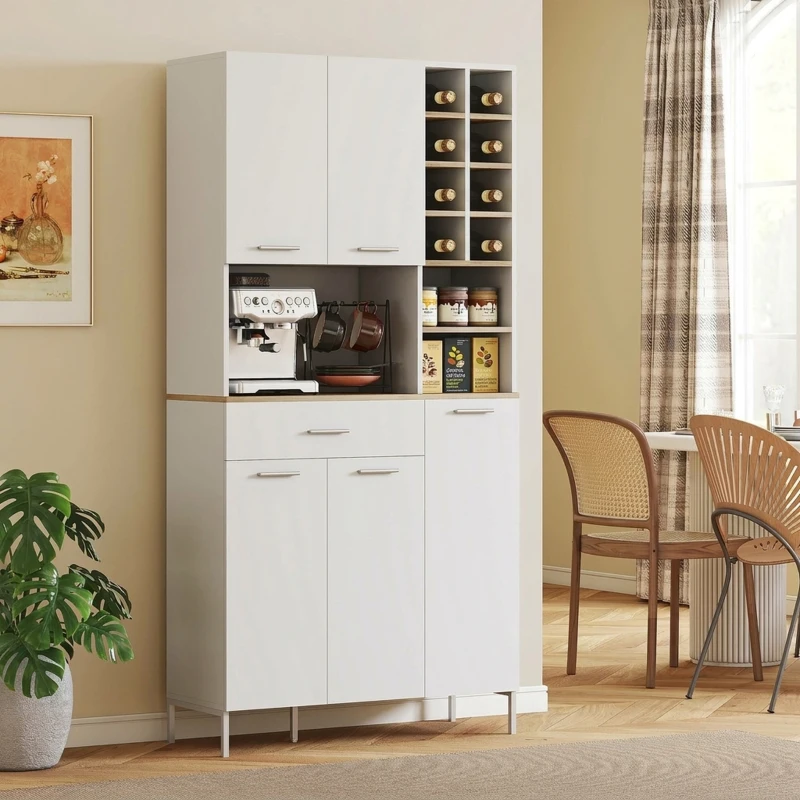 HOMCOM Tall Kitchen Cupboard, Freestanding 5-Door Kitchen Storage Cabinet with Wine Rack, Adjustable Shelves, Open Shelves and Drawer, Pantry Cabinet with Open Countertop and Cable Hole, White
