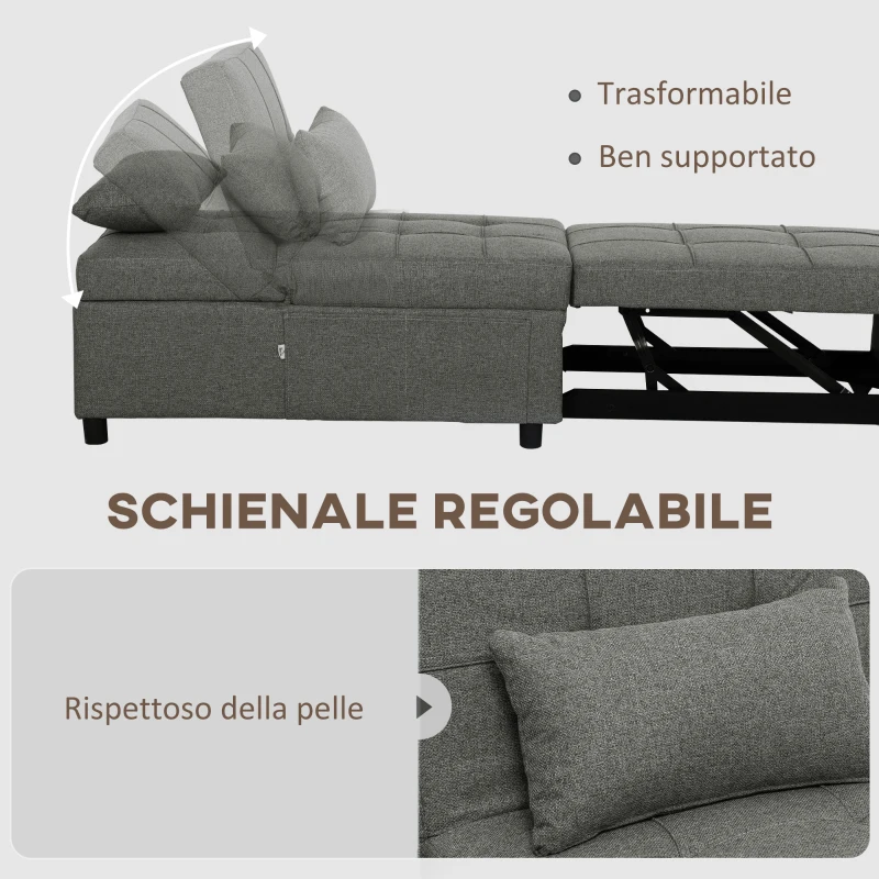 HOMCOM Poltrona Letto 4 in 1 Convertibile in Chaise Longue e Poggiapiedi con Sistema Clic Clac, Grigio