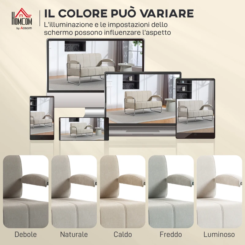 HOMCOM Divano 2 Posti Moderno Rivestito in Ciniglia Beige, in Acciaio, Spugna e Pannello Multistrato, 120x73x76 cm