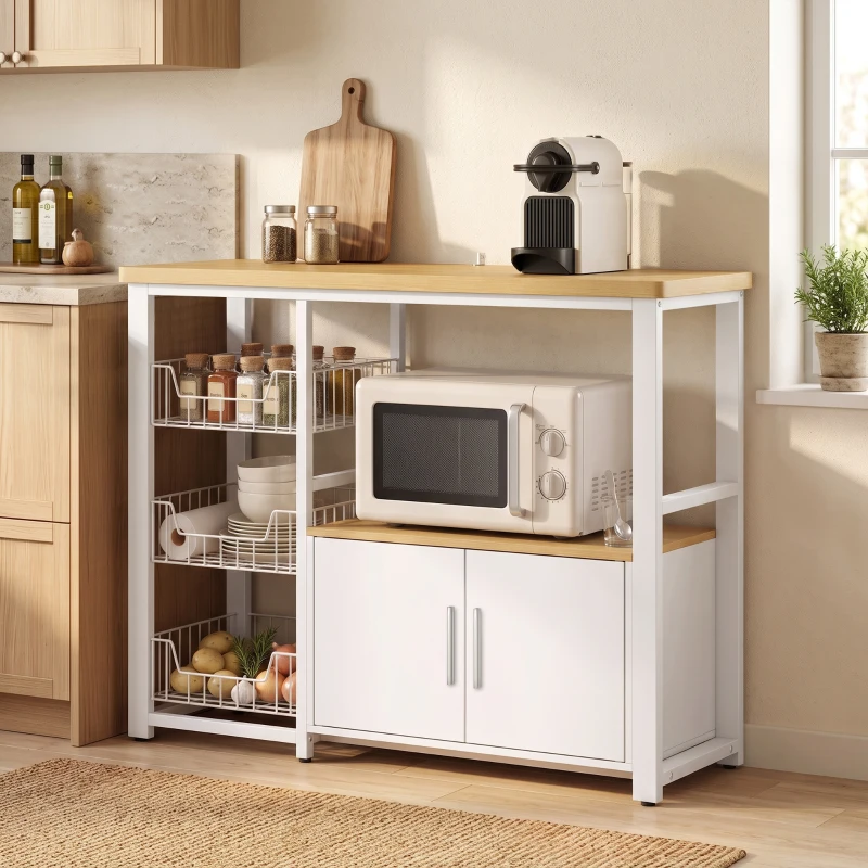 HOMCOM Estante de Cozinha com Arrumação, Suporte para Micro-ondas, Cestos Amovíveis e Armário, 100x35x80 cm, Branco