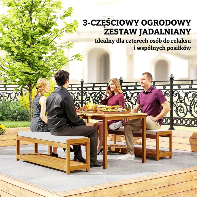 Outsunny 4 Seater Garden Furniture Set, 3 Pieces Garden Table and Benches with Cushions, Umbrella Hole, Outdoor Garden Dining Set with Slatted Top Table for Patio, Teak