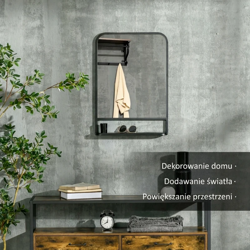 HOMCOM LUSTRO ŚCIENNE Z RAMĄ METALOWĄ, ZAOKRĄGLONE KRAWĘDZIE, 1 PÓŁKA  70 cm x 10,2 cm x 50 cm CZARNE + SREBRNE