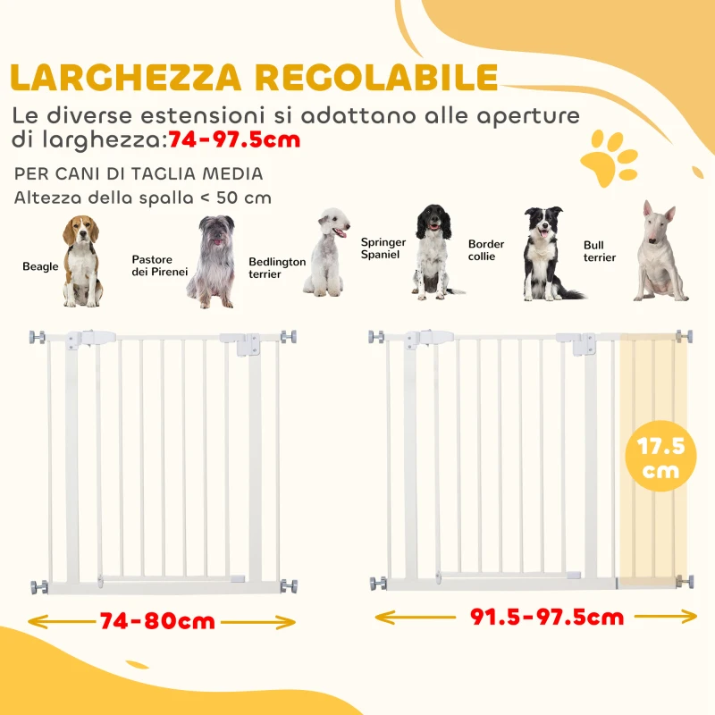PawHut Cancelletto per Cani Estensibile con Montaggio a Pressione e Chiusura Automatica Altezza 76.2cm, Bianco