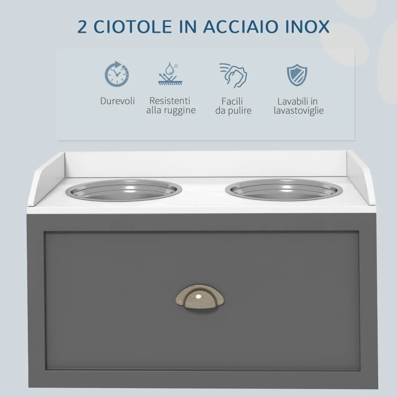 PawHut Ciotole per Cani Rialzate in Acciaio Inox e Legno con Cassetto, 60x30x36cm, Grigio