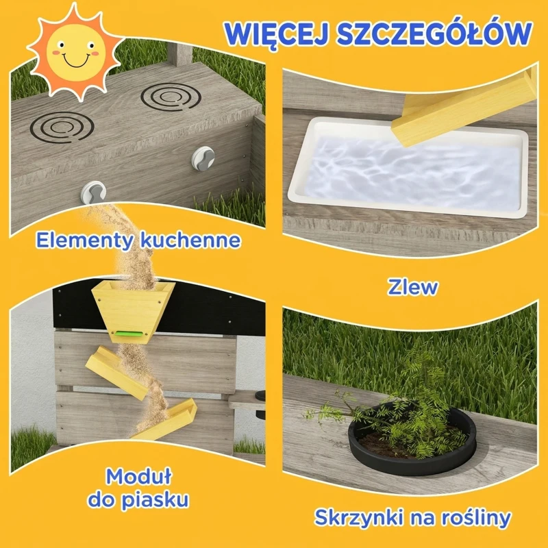 Outsunny Piaskownica z Kuchnią, Zlewem, 2 Skrzynkami na Rośliny, Sosna, 154x80x60cm, Szara