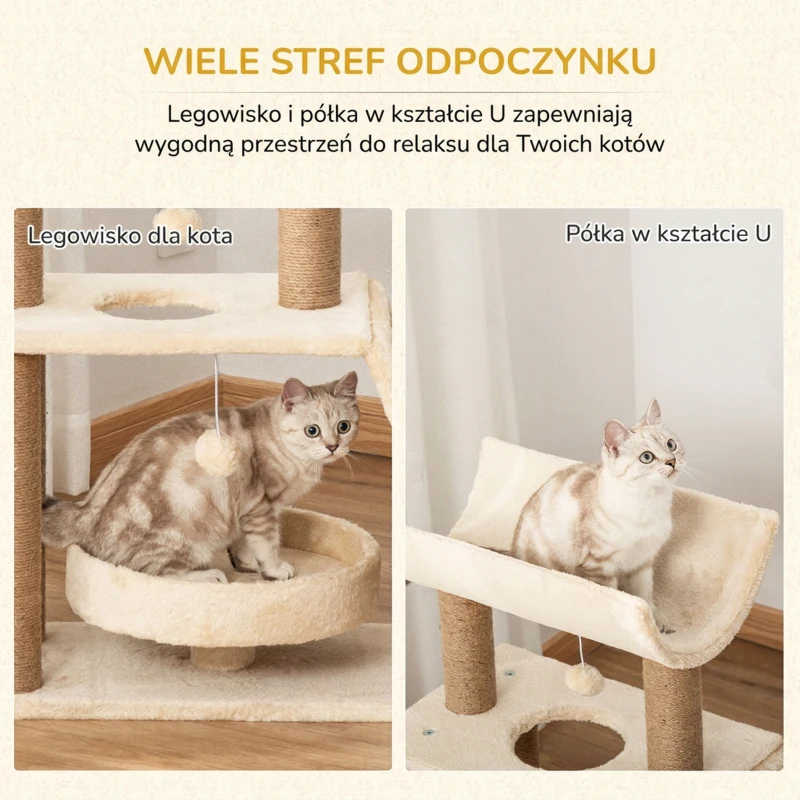 PawHut Mały Drapak dla Kotów, 76 cm Drapak z Piłką do Zabawy, Miejscem do Siedzenia, Wewnętrzną Wieżą do Wspinaczki z Łóżkiem, Matą do Drapania, Meblem do Drapania dla Kotów do 5 kg, Jasnobrązowy