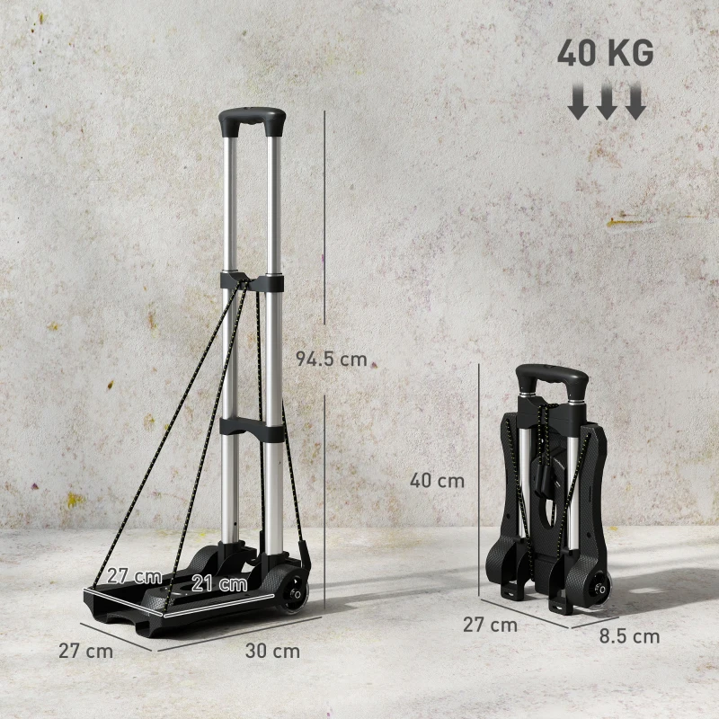 HOMCOM Carrello Portapacchi Pieghevole da 40 kg con 2 Cinghie, Maniglia Telescopica, Alluminio e Plastica, Nero