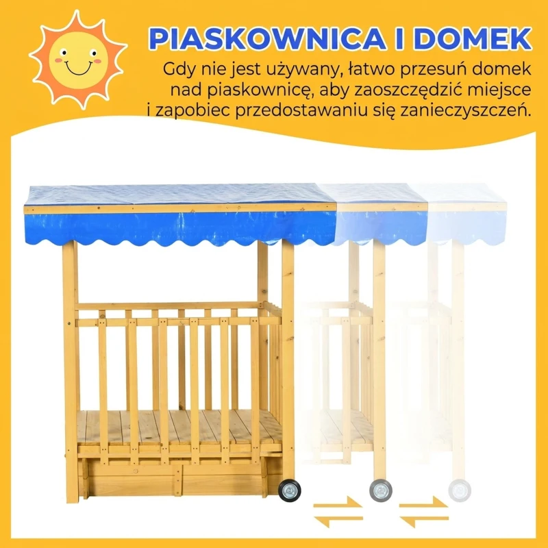Outsunny Piaskownica z Dachem, Piaskownica z Drewna z Domek do Zabawy, 133 x 129 x 137,5 cm Piaskownica z Kołami dla Dzieci 3-8 Lat, Ogród, Naturalne