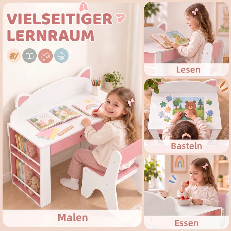 AIYAPLAY Kindertafel en stoelset voor leren en spelen, met lade en boekenrek, wit/roze