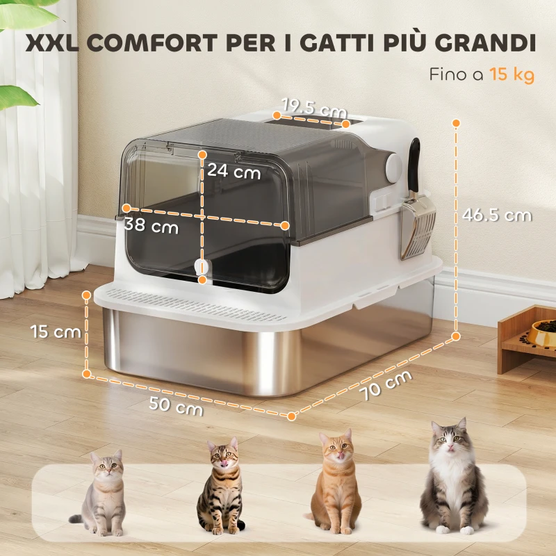PawHut Lettiera Gatto Chiusa in Acciaio Inox 52L con Coperchio Ribaltabile, Doppia Porta, Paletta, Bianco