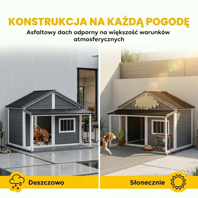 PawHut Domek dla psa na zewnątrz, z werandą, odporny na warunki pogodowe, 124 cm x 112 cm x 105 cm, Szary + Biały