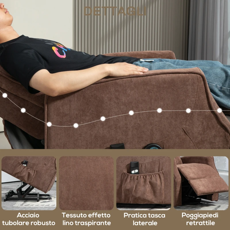 HOMCOM Poltrona Relax Alzapersona con 8 Punti Massaggio, Reclinazione a 135° e 2 Telecomandi, Marrone