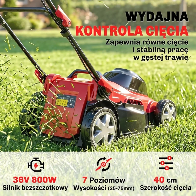 Outsunny Elektryczna Kosiarka 800 W z szerokością cięcia 40 cm, pojemnik na trawę 45 l, wskaźnik akumulatora, ochrona przed przeciążeniem, 7 wysokości cięcia