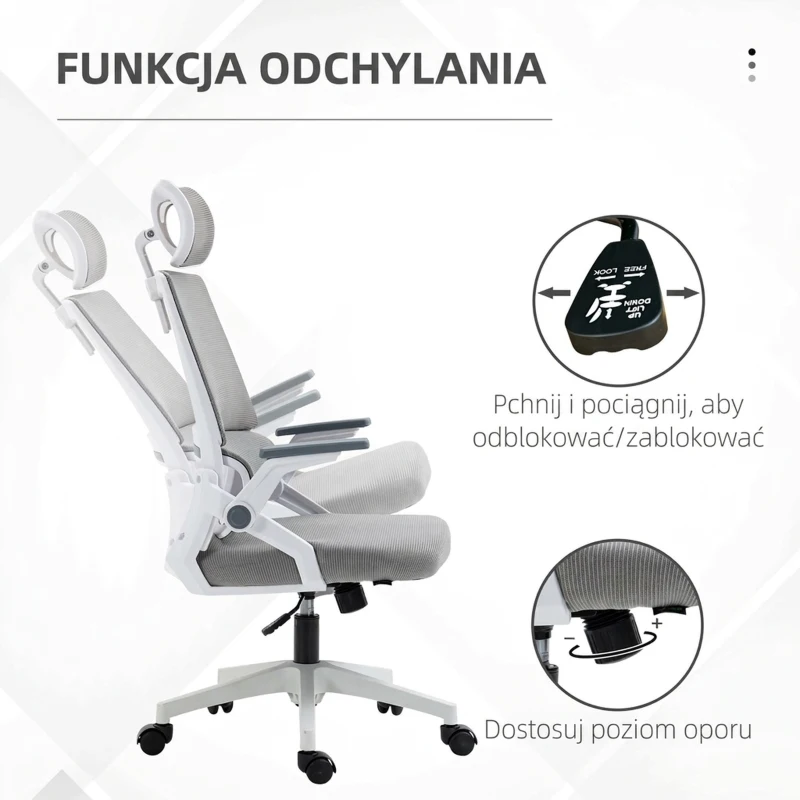Vinsetto Ergonomiczne Krzesło Biurowe, Regulowana Podgłówka, 58 x 61 x 119 cm, Szary