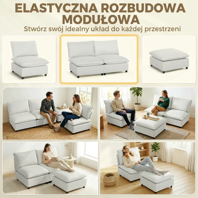 HOMCOM 2-osobowa sofa, 146 cm modułowa sofa z ekoskóry z szerokim i głębokim siedziskiem, grubymi poduszkami, łatwy montaż, Szara