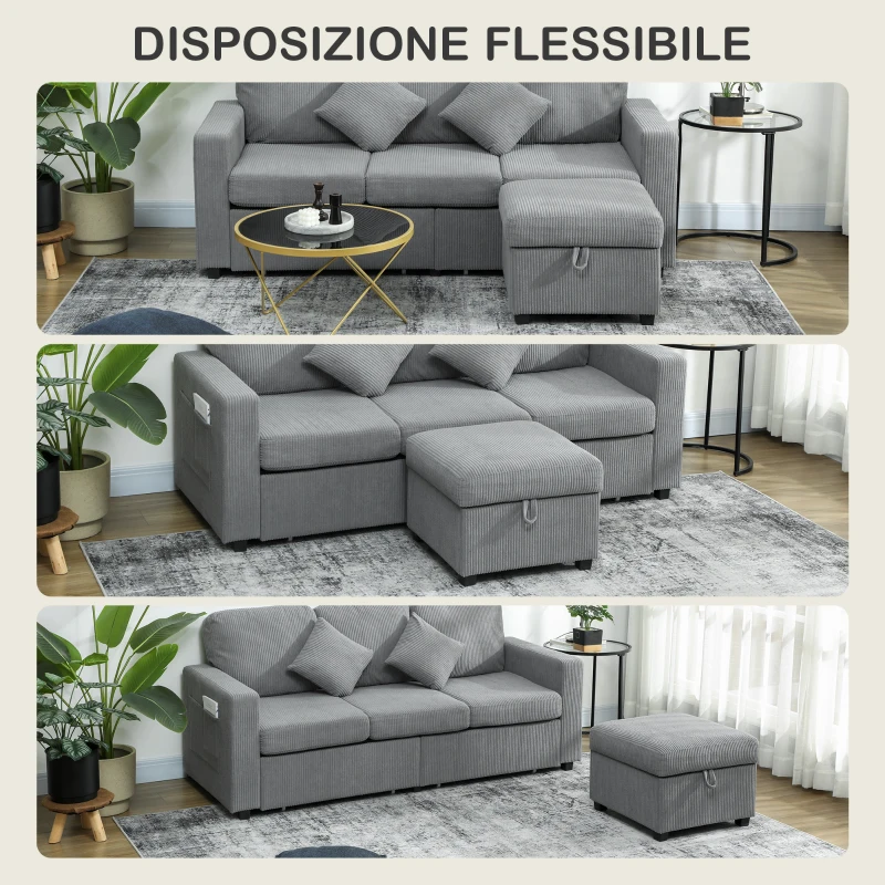 HOMCOM Divano 3 Posti Modulare con Pouf Contenitore in Velluto a Coste, 196x139x85 cm, Grigio Chiaro